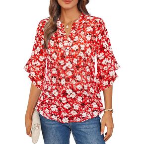 GRACE KARIN Women's Summer 3/4 Sleeve Tops Boho Floral Blouses Dressy Casual Tunic Ruffle V Neck Loose Fit Button up Shirts