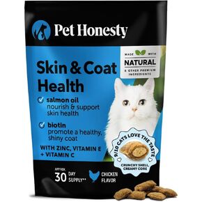 Pet Sterky Cat Skin & Coalth Health Crunchy & Creamy Chews - Omegas ، Vitamin C + E ، مكملات البيوتين ، تهدئة الجلد ويعزز معطفًا لامعًا ومكملات القطط والفيتامينات - الدجاج (30 يومًا)