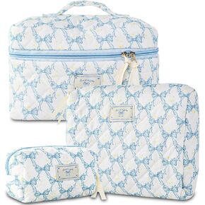 Makeup Bag, 3PC Quilted Makeup Bag Set Cotton Aesthetic Travel Large Cute Cosmetic Toiletry Bag for Women Girls