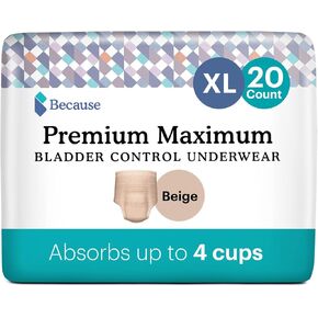 Because Premium Maximum Absorbency Adult Incontinence and Postpartum Bladder Leak Underwear for Women, Heavy Absorbency, Disposable, Black, Small/Medium, 20 Count