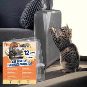 12 Pcs Cat Scratch Furniture Protector, Single Side Couch Protector from Cat Claws with 4 Holes, Easy to Stick & Fix, Cat Scratch Deterrent for Furniture(12P+55 Pins)