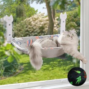 2 Pack Cat Window Perch, Glow in The Dark Foldable Cat Hammock with Sunken Design & Removable Soft Cover, Breathable Cordless Window Bed for Resting Indoor Kitten (Grey, 2 Pack)
