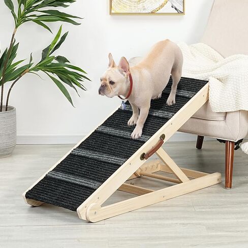 Wooden Adjustable Pet Ramp for All Dogs and Cats - Non Slip Carpet Surface and Foot Pads - 40" Long and Adjustable from 12" to 26" - Up to 200LBS - Folding Dog Car Ramps for SUV, Bed, Couch in Kuwait