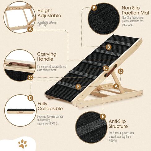 Wooden Adjustable Pet Ramp for All Dogs and Cats - Non Slip Carpet Surface and Foot Pads - 40" Long and Adjustable from 12" to 26" - Up to 200LBS - Folding Dog Car Ramps for SUV, Bed, Couch in Kuwait