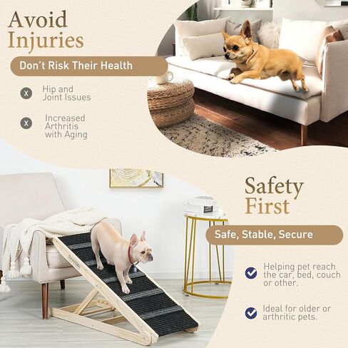 Wooden Adjustable Pet Ramp for All Dogs and Cats - Non Slip Carpet Surface and Foot Pads - 40" Long and Adjustable from 12" to 26" - Up to 200LBS - Folding Dog Car Ramps for SUV, Bed, Couch in Kuwait