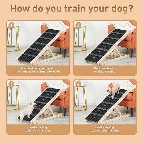 Wooden Adjustable Pet Ramp for All Dogs and Cats - Non Slip Carpet Surface and Foot Pads - 40" Long and Adjustable from 12" to 26" - Up to 200LBS - Folding Dog Car Ramps for SUV, Bed, Couch in Kuwait