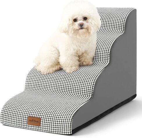 Dog Stairs for Small Dogs 19.7" H, Curved Dog Step for Puppy, Cat, Medium Dog, Pet Ramp for Sofa, Couch or Bed, Ladder with High Density Foam, 15.7x28.3x19.7 inch, 4 Step, White Black in Kuwait