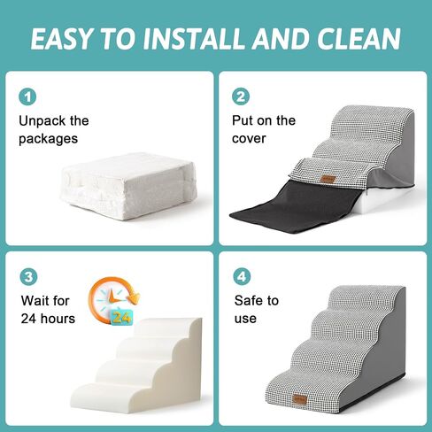 Dog Stairs for Small Dogs 19.7" H, Curved Dog Step for Puppy, Cat, Medium Dog, Pet Ramp for Sofa, Couch or Bed, Ladder with High Density Foam, 15.7x28.3x19.7 inch, 4 Step, White Black in Kuwait