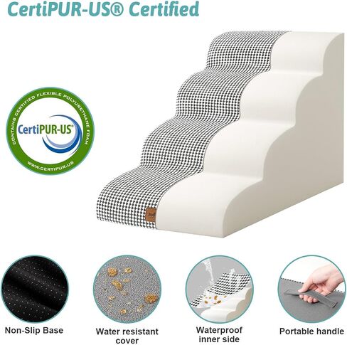 Dog Stairs for Small Dogs 19.7" H, Curved Dog Step for Puppy, Cat, Medium Dog, Pet Ramp for Sofa, Couch or Bed, Ladder with High Density Foam, 15.7x28.3x19.7 inch, 4 Step, White Black in Kuwait