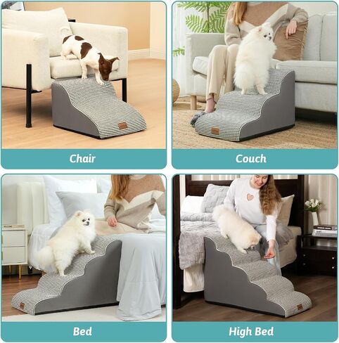 Dog Stairs for Small Dogs 19.7" H, Curved Dog Step for Puppy, Cat, Medium Dog, Pet Ramp for Sofa, Couch or Bed, Ladder with High Density Foam, 15.7x28.3x19.7 inch, 4 Step, White Black in Kuwait