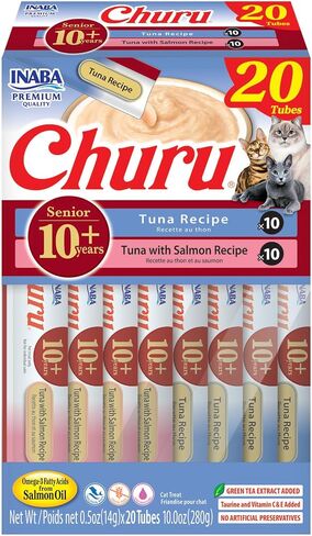 INABA Churu for Senior 10+, Creamy Lickable Cat Treats with Taurine, Vitamin E & C, 0.5 Ounces Each, 20 Tubes, Tuna Variety in Kuwait