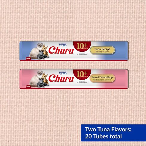 INABA Churu for Senior 10+, Creamy Lickable Cat Treats with Taurine, Vitamin E & C, 0.5 Ounces Each, 20 Tubes, Tuna Variety in Kuwait