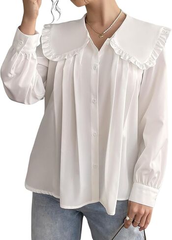 GORGLITTER Women's Cute Doll Collar Pleated Blouse Long Sleeve Button Down Shirt in Kuwait