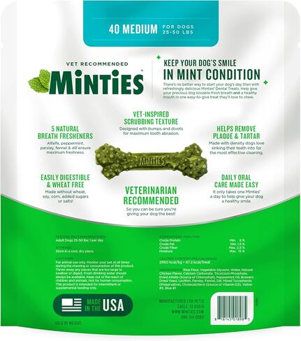 Minties Dental Chews for Dogs, 40 Count, Vet-Recommended Mint-Flavored Dental Treats for Medium Dogs 25-50 lbs, Dental Bones Clean Teeth, Fight Bad Breath, and Removes Plaque and Tartar in Saudi Arabia