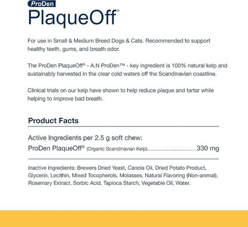 ProDen PlaqueOff Soft Chews with Natural Kelp - for Small & Medium Breed Dogs & Cats - Supports Normal, Healthy Teeth, Gums, and Breath Odor in Dogs & Cats - 90 Soft Chews in Kuwait