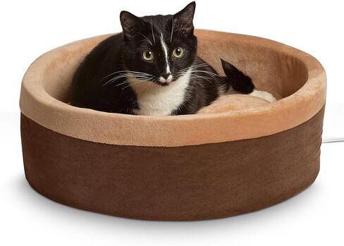 K&H Pet Products Thermo-Kitty Bed Heated Cat Beds for Large Indoor Cats & Dogs, Calming Warming Pillow Pet Bed, Machine Washable, Removable Heater, Safety Listed - Large 20" Round Mocha/Tan in Kuwait