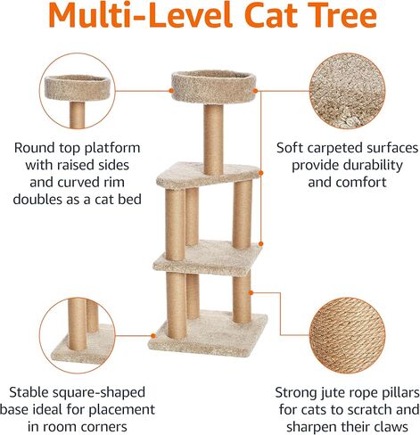 Amazon Basics - Tree Tree Indoor Climbing Tower مع منشورات خدش ، مستويات متعددة ، كبيرة ، 17.7 "× 45.9" ، بيج in Kuwait