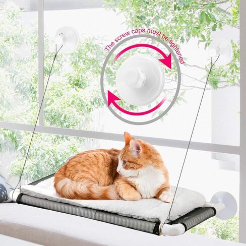 Cat Window Perch, Cat Hammock Window Seat w/Free Fleece Blanket 2025 Latest Screw Suction Cups Extra Large Sturdy Cat Bed Cat Resting Seat Hold Two Large Cats White Indoors (One Extra Suction Cup in Saudi Arabia