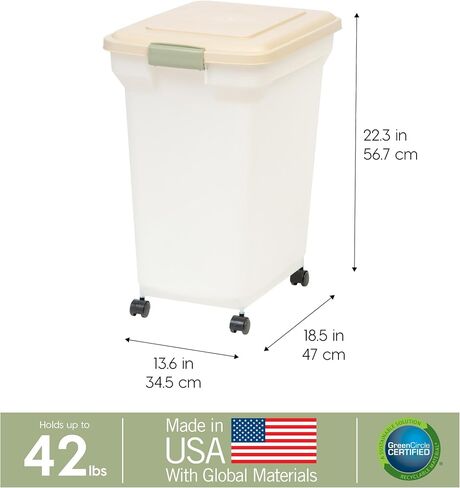 IRIS USA WeatherPro Airtight Dog Food Storage Container, Up to 42 lbs, Attachable Wheels, For Dog Cat Bird and Other Pet Food Storage Bin, Keep Fresh, Easy Mobility, BPA Free, Smoke/Black in Saudi Arabia