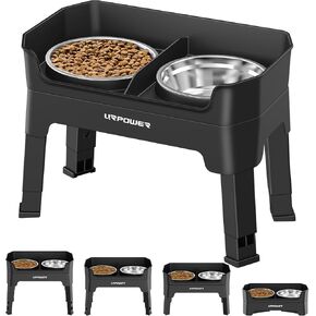 URPOWER 3-in-1 Elevated Dog Bowls - Mess Proof Double Deck 4 Height Adjustable Raised Stand with 2 Stainless Steel Food Bowls & Licking Plate for Small & Large Dogs