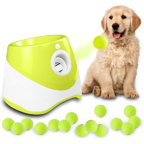 Automatic Dog Ball Launcher, Dog Ball Thrower with 15 Mini Tennis Balls Sizing 2 Inch and Mesh Bag, Interactive Dog Toys Tennis Ball Launcher for Small Dogs with 3 Distance Settings