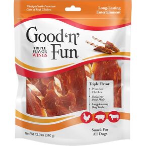 WOOL 'N' FUN TRIPLE FLACHE WINGS CEWS لجميع الكلاب ، تعامل مع الكلب الخاص بك على مضغ طويل الأمد مصنوع من الدجاج ، إخفاء لحم الخنزير وإخفاء لحوم البقر ، 12 أوقية in Kuwait
