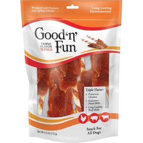 Good ‘n’ Fun Triple Flavor Wings Chews for All Dogs, Treat Your Dog to Long-Lasting Chews Made with Chicken, Pork Hide and Beef Hide, 12 Ounces