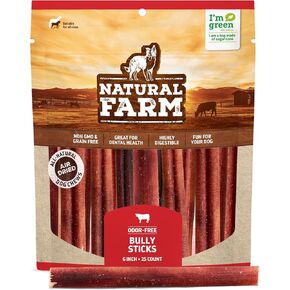 Natural Farm Odor-Free Bully Sticks (6 Inch, 25 Pack), 1.3 lb. Bag, Fully Digestible 100% Beef Pizzle Chews, Grass-Fed, Non-GMO, Grain-Free, Natural Long-Lasting Chews for Small & Large Dogs
