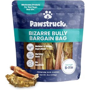 Pawstruck Natural Bizarre Bully Sticks Bargain Bag for Dogs and Puppies – Variety Pack of 5–7" Long-Lasting, Eco-Conscious Beef Chew Treats – 8 oz Bag – Packaging May Vary