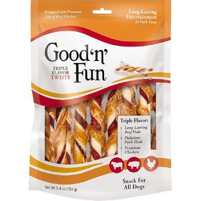 Good'n'Fun Triple Flavor Twists, Dog Chew Sticks, Premium Chicken and Beef Hide Treats for Dogs, 70 Count