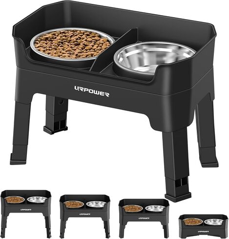 URPOWER 3-in-1 Elevated Dog Bowls - Mess Proof Double Deck 4 Height Adjustable Raised Stand with 2 Stainless Steel Food Bowls & Licking Plate for Small & Large Dogs in Kuwait