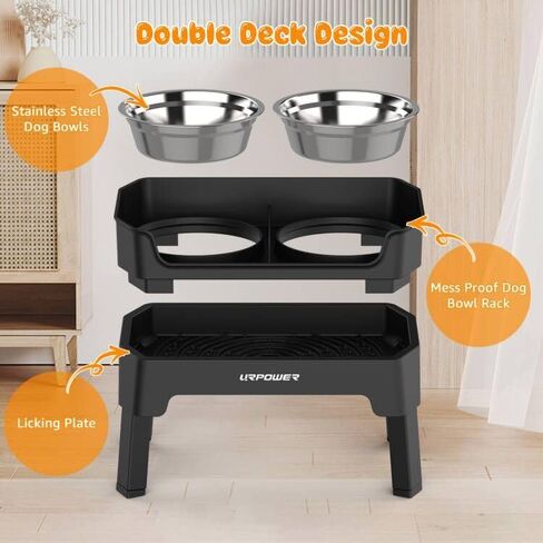 URPOWER 3-in-1 Elevated Dog Bowls - Mess Proof Double Deck 4 Height Adjustable Raised Stand with 2 Stainless Steel Food Bowls & Licking Plate for Small & Large Dogs in Kuwait