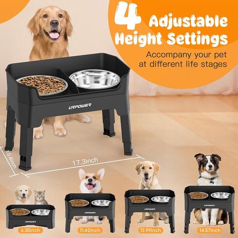 URPOWER 3-in-1 Elevated Dog Bowls - Mess Proof Double Deck 4 Height Adjustable Raised Stand with 2 Stainless Steel Food Bowls & Licking Plate for Small & Large Dogs in Kuwait