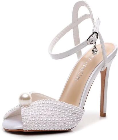 Womens Pearls Wedding Sandals Open Toe Stiletto 4" Heeled Sandals Bridal Pearl High Heels for Evening Party in Kuwait