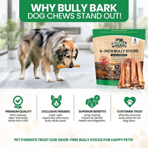 Bully Bark 100% Natural 6" Bully Sticks – 24 Count – Thin, Grass-Fed Beef Chews for Small and Medium Dogs -Fully Digestible, Natural Dental Treats to Keep Dogs Busy & Happy - Grain & Rawhide Free in Saudi Arabia