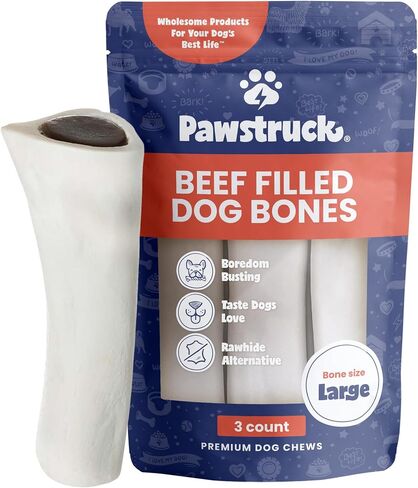 Pawstruck Large 5-6" Filled Dog Bones, Beef Flavor - Made in USA, Long-Lasting Stuffed Femur for Aggressive Chewers, Dental Treat - Pack of 3, Packaging May Vary in Saudi Arabia