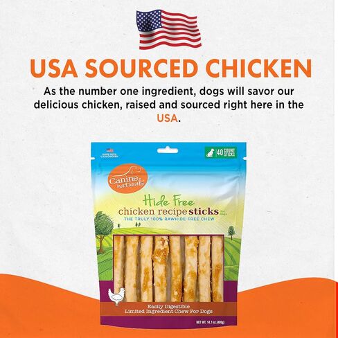 Canine Naturals Chicken Recipe Chew - Rawhide Free Dog Treats - Made From USA Raised Chicken - All-Natural and Easily Digestible - 40 Pack of 5 Inch Stick Chews in Kuwait