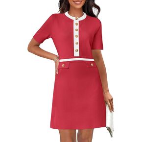 MEROKEETY Women's Ribbed Knit Bodycon Dress Button Short Sleeve Crew Neck Elegant Formal Mini Dress