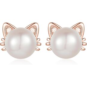 925 Sterling Silver Freshwater Pearl Cat Stud Earrings for Women, 14k Gold Plated Cat CZ Studs Hypoallergenic Jewelry Gift