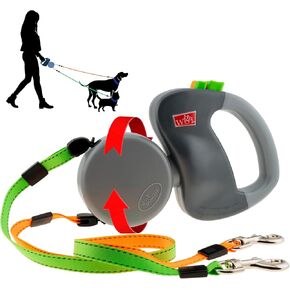 WIGZI (2) Two Dog Reflective Retractable Pet Leash – 360 Degree Zero Tangle Patent - Two Dogs Each up to 50 lbs and 10ft. Reflective Orange and Green Leads. Dual Locking