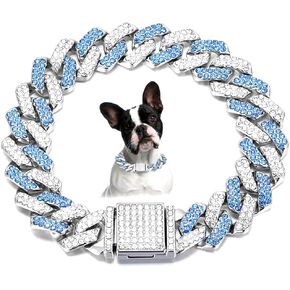 Chain Collar for Small Dogs, Diamond Necklace Rhinestone Bling Glitter Metal Choke Cuban Link Dog Collar, Crystal Collar Jewelry for Dogs and Cats (Pink, 18 inch)