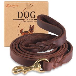 QUMY Leather Dog Leash 6ft, Heavy Duty Dog Training Leash for Large and Medium Dogs, Soft and Strong Genuine Leather Braided Handmade Long Lead Leash for Dog Training, Brown