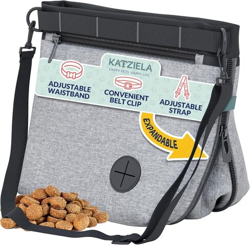 Katziela قابلة للتوسيع للحيوانات الأليفة حقيبة - حقيبة معالجة الكلب الحرة ، إغلاق المغناطيس السريع - حقيبة معالجة الكلب المضادة للانسكاب - أكياس علاج للتدريب على الحيوانات الأليفة ، حزام الكتف القابل للتعديل ومقطع الحزام (أسود) in Kuwait