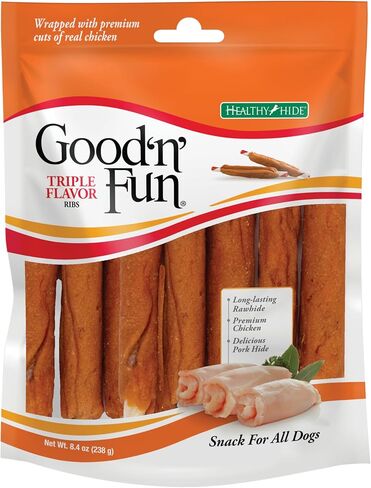 Good 'N' Fun Triple Flaver Ribs ، وجبة خفيفة من الجلد الخام لجميع الكلاب in Kuwait