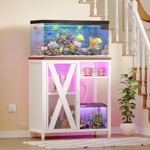حامل خزان الأسماك Yitahome مع منافذ الطاقة وضوء LED ، من 20 إلى 29 جالونًا من الحوض المعدني مع خزانة لإكسسوارات أسماك لتخزين خزان السلاحف ، الزواحف terrarium ، سعة 350 رطلاً ، أبيض in Kuwait