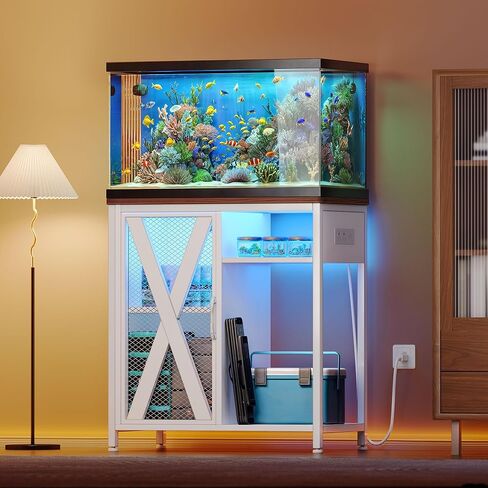 حامل خزان الأسماك Yitahome مع منافذ الطاقة وضوء LED ، من 20 إلى 29 جالونًا من الحوض المعدني مع خزانة لإكسسوارات أسماك لتخزين خزان السلاحف ، الزواحف terrarium ، سعة 350 رطلاً ، أبيض in Kuwait