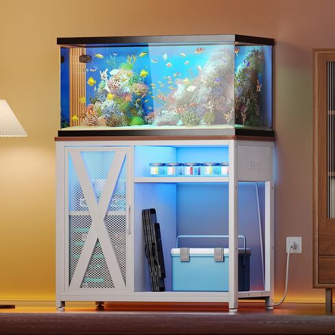 حامل خزان الأسماك Yitahome مع منافذ الطاقة وضوء LED ، من 20 إلى 29 جالونًا من الحوض المعدني مع خزانة لإكسسوارات أسماك لتخزين خزان السلاحف ، الزواحف terrarium ، سعة 350 رطلاً ، أبيض in Kuwait