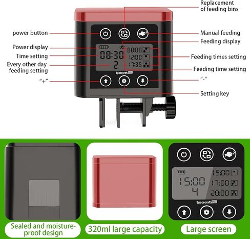 Automatic Fish Feeder for Aquarium, 320ML LCD Display Fish Feeder Automatic Dispenser Moisture-Proof Fish Food Vacation Feeder Automatic Turtle Feeder with Timer for for Pellets Flakes Strips (Black) in Saudi Arabia