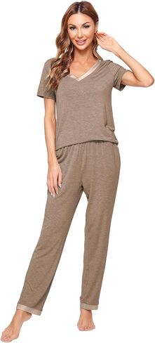 WiWi Viscose from Bamboo Womens Pajamas Set Soft V Neck Sleepwear Short Sleeve Top with Pant Lightweight S-3X in Kuwait