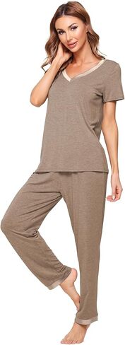 WiWi Viscose from Bamboo Womens Pajamas Set Soft V Neck Sleepwear Short Sleeve Top with Pant Lightweight S-3X in Kuwait